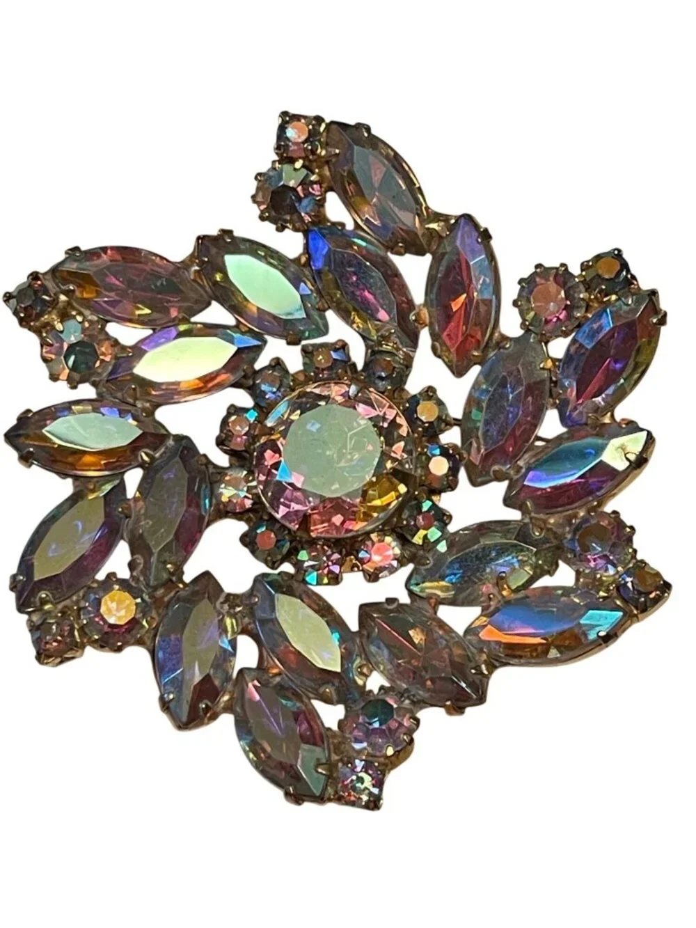 Vtg Massive Aurora Borealis Crystal Pinwheel Brooch Multicolor Brilliant Sparkle
